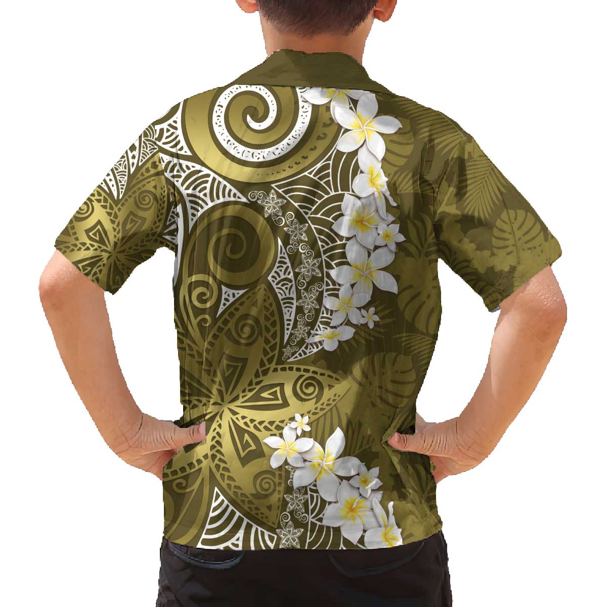 Gold Polynesian Tribal Frangipani Tropical Vibe Family Matching Off The Shoulder Long Sleeve Dress and Hawaiian Shirt LT14 - Polynesian Pride