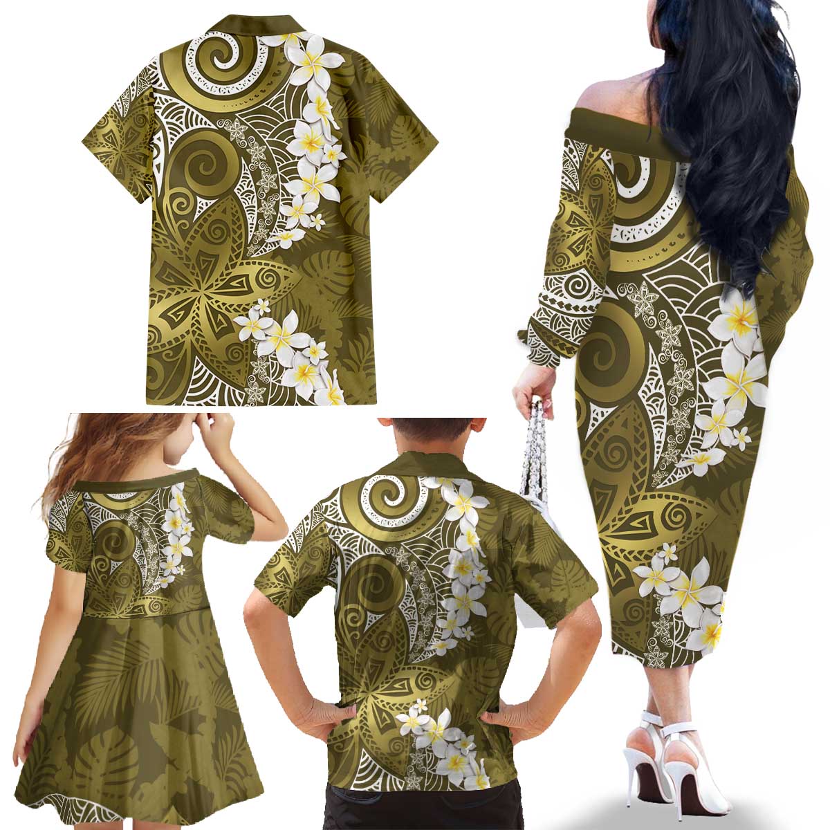 Gold Polynesian Tribal Frangipani Tropical Vibe Family Matching Off The Shoulder Long Sleeve Dress and Hawaiian Shirt LT14 - Polynesian Pride