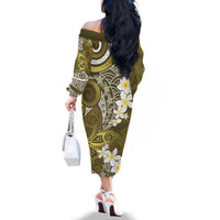 Gold Polynesian Tribal Frangipani Tropical Vibe Family Matching Off The Shoulder Long Sleeve Dress and Hawaiian Shirt LT14 - Polynesian Pride