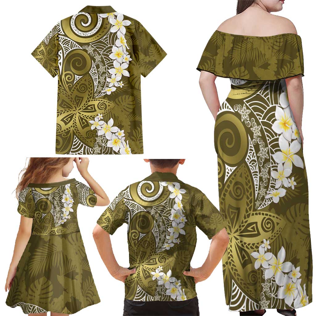 Gold Polynesian Tribal Frangipani Tropical Vibe Family Matching Off Shoulder Maxi Dress and Hawaiian Shirt LT14 - Polynesian Pride