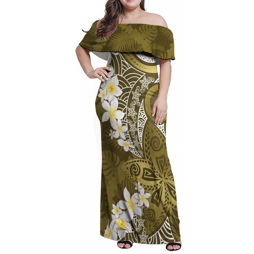 Gold Polynesian Tribal Frangipani Tropical Vibe Family Matching Off Shoulder Maxi Dress and Hawaiian Shirt LT14 Mom's Dress Gold - Polynesian Pride