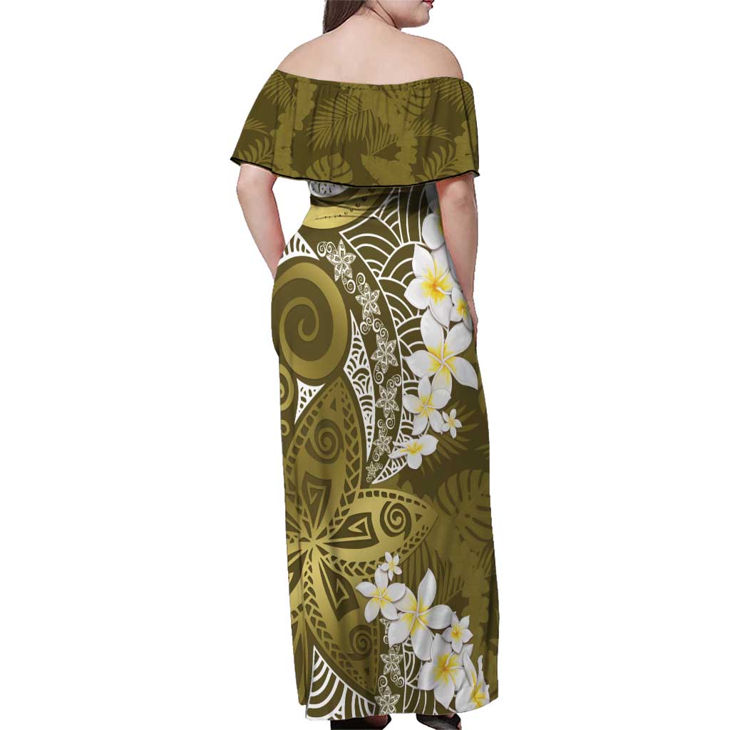 Gold Polynesian Tribal Frangipani Tropical Vibe Family Matching Off Shoulder Maxi Dress and Hawaiian Shirt LT14 - Polynesian Pride