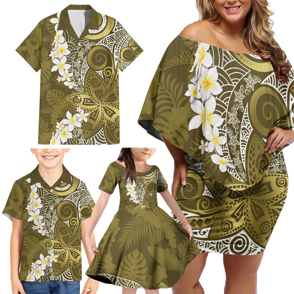 Gold Polynesian Tribal Frangipani Tropical Vibe Family Matching Off Shoulder Short Dress and Hawaiian Shirt LT14 - Polynesian Pride