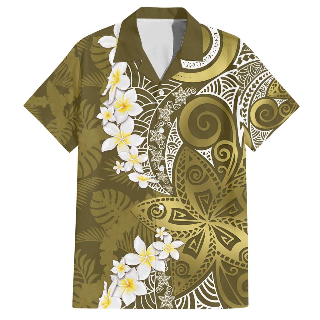 Gold Polynesian Tribal Frangipani Tropical Vibe Family Matching Off Shoulder Short Dress and Hawaiian Shirt LT14 Dad's Shirt - Short Sleeve Gold - Polynesian Pride