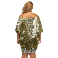 Gold Polynesian Tribal Frangipani Tropical Vibe Family Matching Off Shoulder Short Dress and Hawaiian Shirt LT14 - Polynesian Pride
