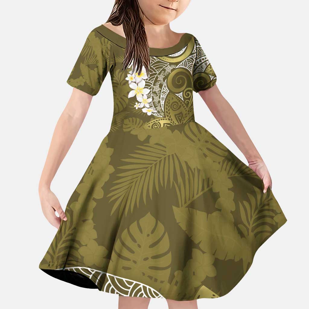 Gold Polynesian Tribal Frangipani Tropical Vibe Family Matching Puletasi and Hawaiian Shirt LT14 Daughter's Dress Gold - Polynesian Pride