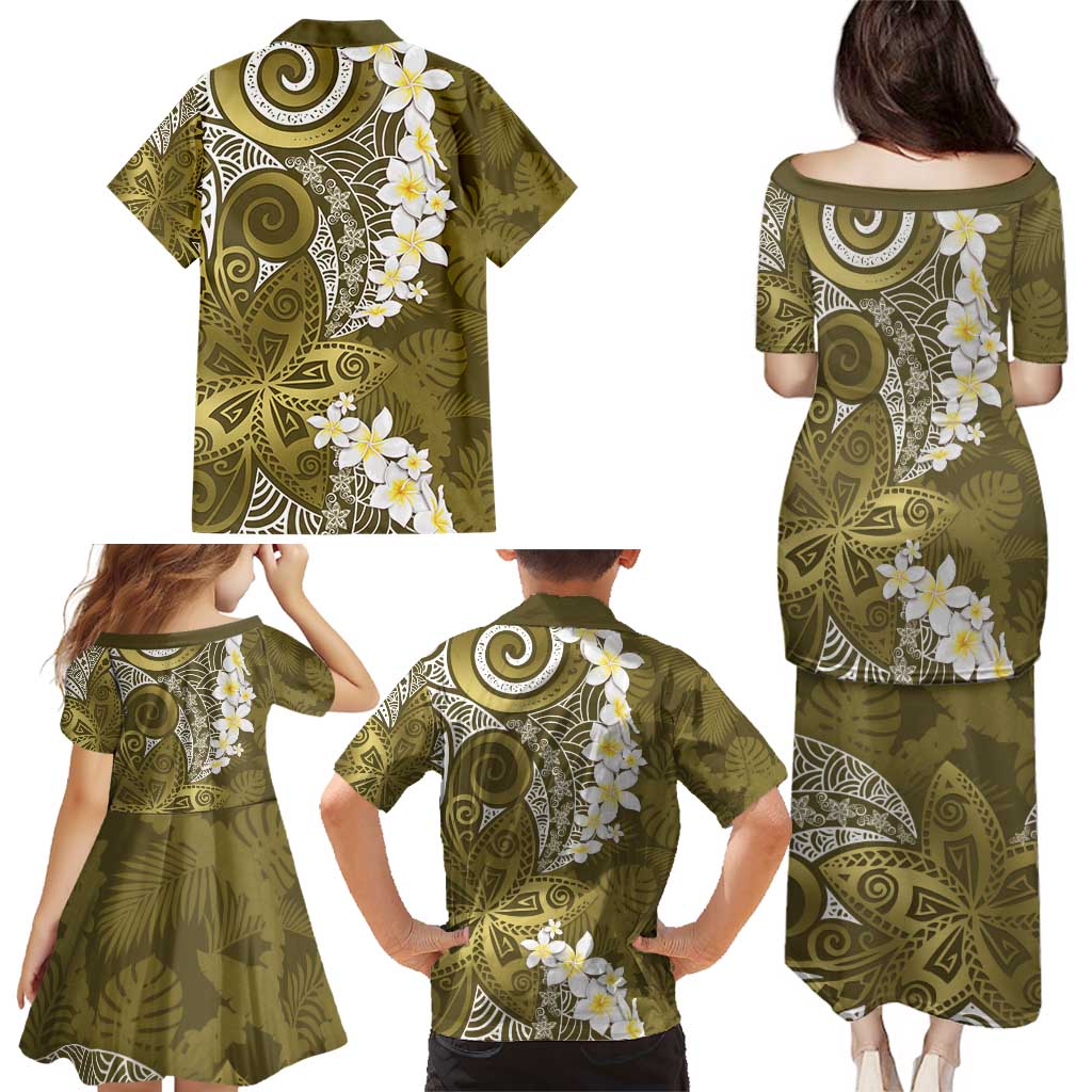 Gold Polynesian Tribal Frangipani Tropical Vibe Family Matching Puletasi and Hawaiian Shirt LT14 - Polynesian Pride
