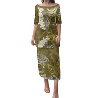 Gold Polynesian Tribal Frangipani Tropical Vibe Family Matching Puletasi and Hawaiian Shirt LT14 Mom's Dress Gold - Polynesian Pride