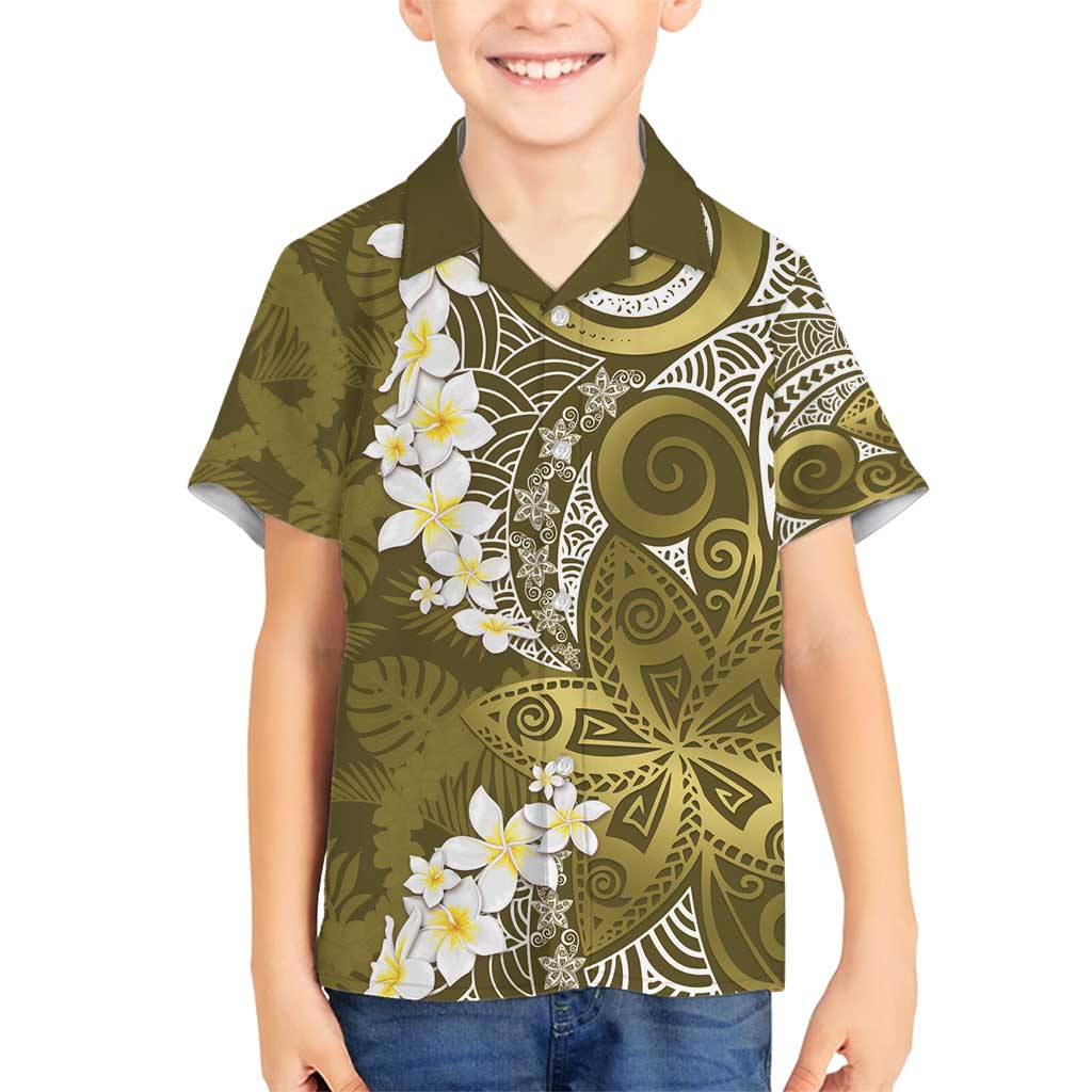 Gold Polynesian Tribal Frangipani Tropical Vibe Family Matching Puletasi and Hawaiian Shirt LT14 Son's Shirt Gold - Polynesian Pride