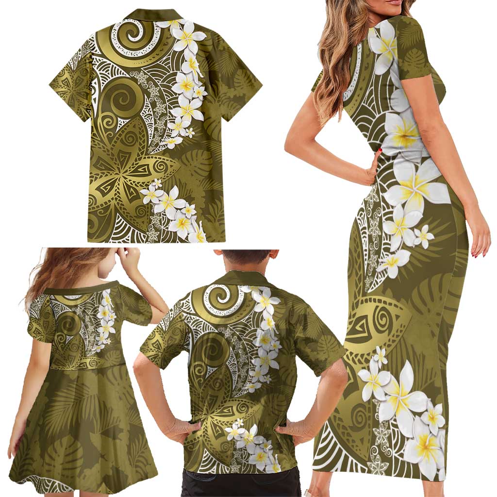 Gold Polynesian Tribal Frangipani Tropical Vibe Family Matching Short Sleeve Bodycon Dress and Hawaiian Shirt LT14 - Polynesian Pride
