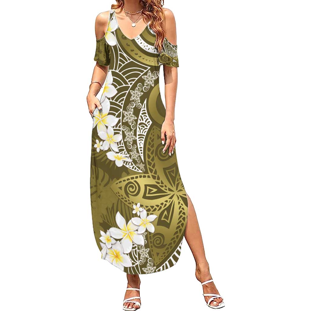 Gold Polynesian Tribal Frangipani Tropical Vibe Family Matching Summer Maxi Dress and Hawaiian Shirt LT14 Mom's Dress Gold - Polynesian Pride