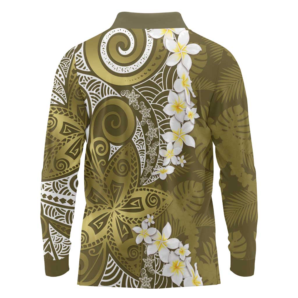 Gold Polynesian Tribal Frangipani Tropical Vibe Long Sleeve Polo Shirt