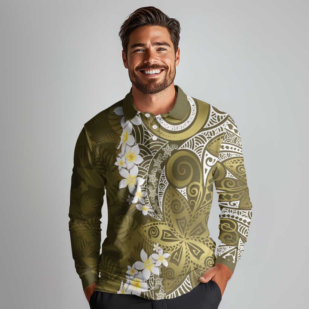 Gold Polynesian Tribal Frangipani Tropical Vibe Long Sleeve Polo Shirt