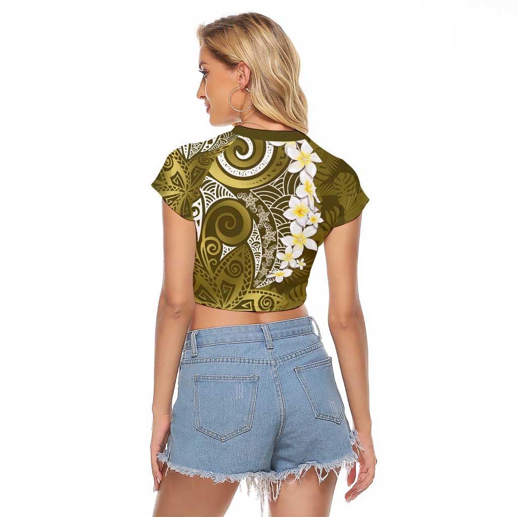 Gold Polynesian Tribal Frangipani Tropical Vibe Raglan Cropped T Shirt