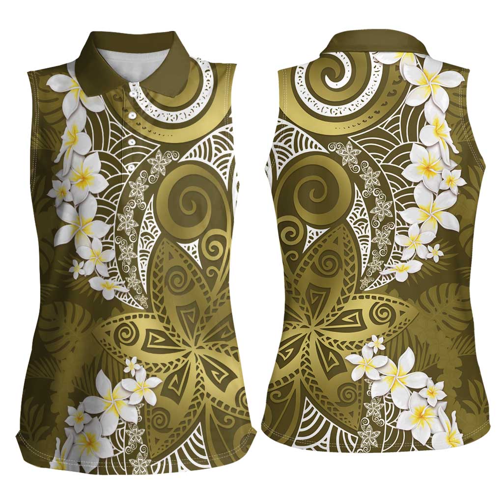 Gold Polynesian Tribal Frangipani Tropical Vibe Women Sleeveless Polo Shirt
