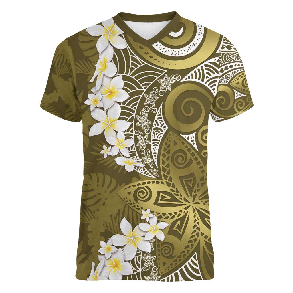 Gold Polynesian Tribal Frangipani Tropical Vibe Women V-Neck T-Shirt