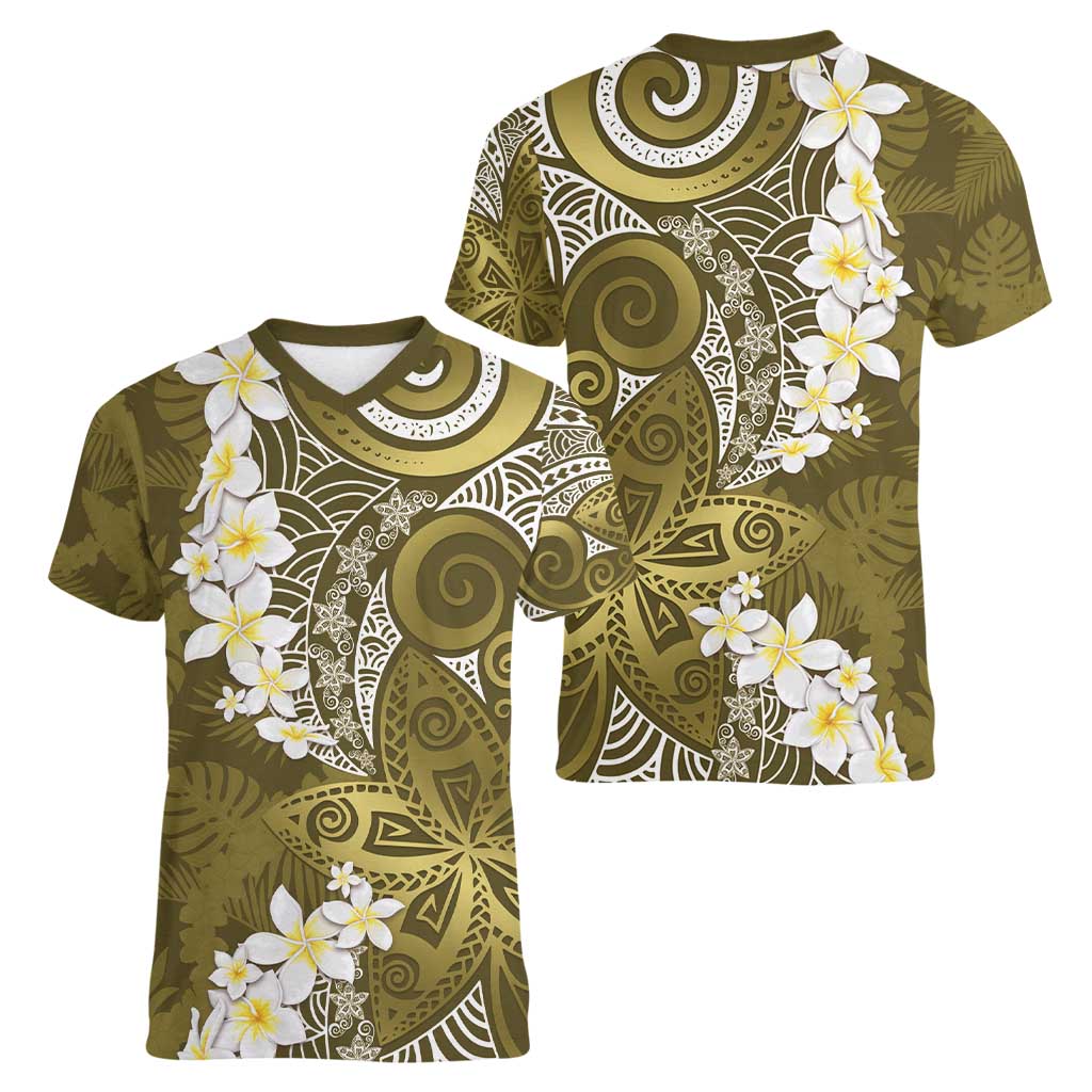 Gold Polynesian Tribal Frangipani Tropical Vibe Women V-Neck T-Shirt