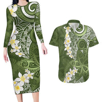 Green Polynesian Tribal Frangipani Tropical Vibe Couples Matching Long Sleeve Bodycon Dress and Hawaiian Shirt LT14 Green - Polynesian Pride