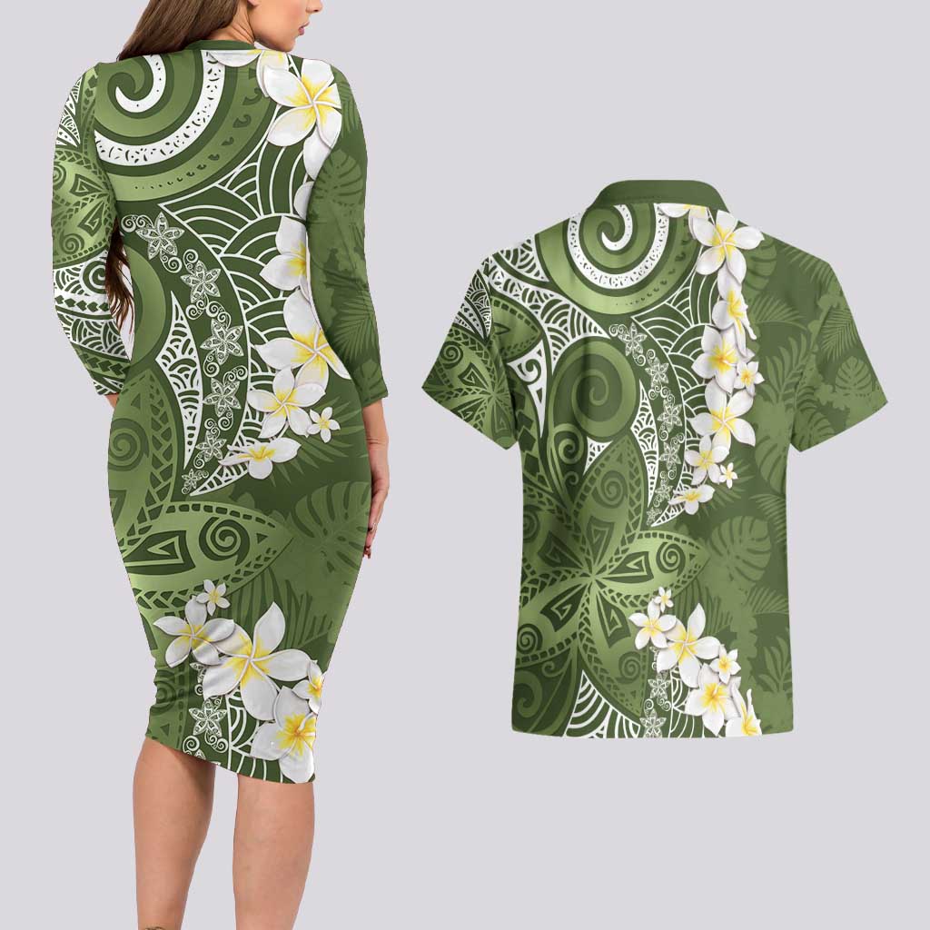 Green Polynesian Tribal Frangipani Tropical Vibe Couples Matching Long Sleeve Bodycon Dress and Hawaiian Shirt LT14 - Polynesian Pride