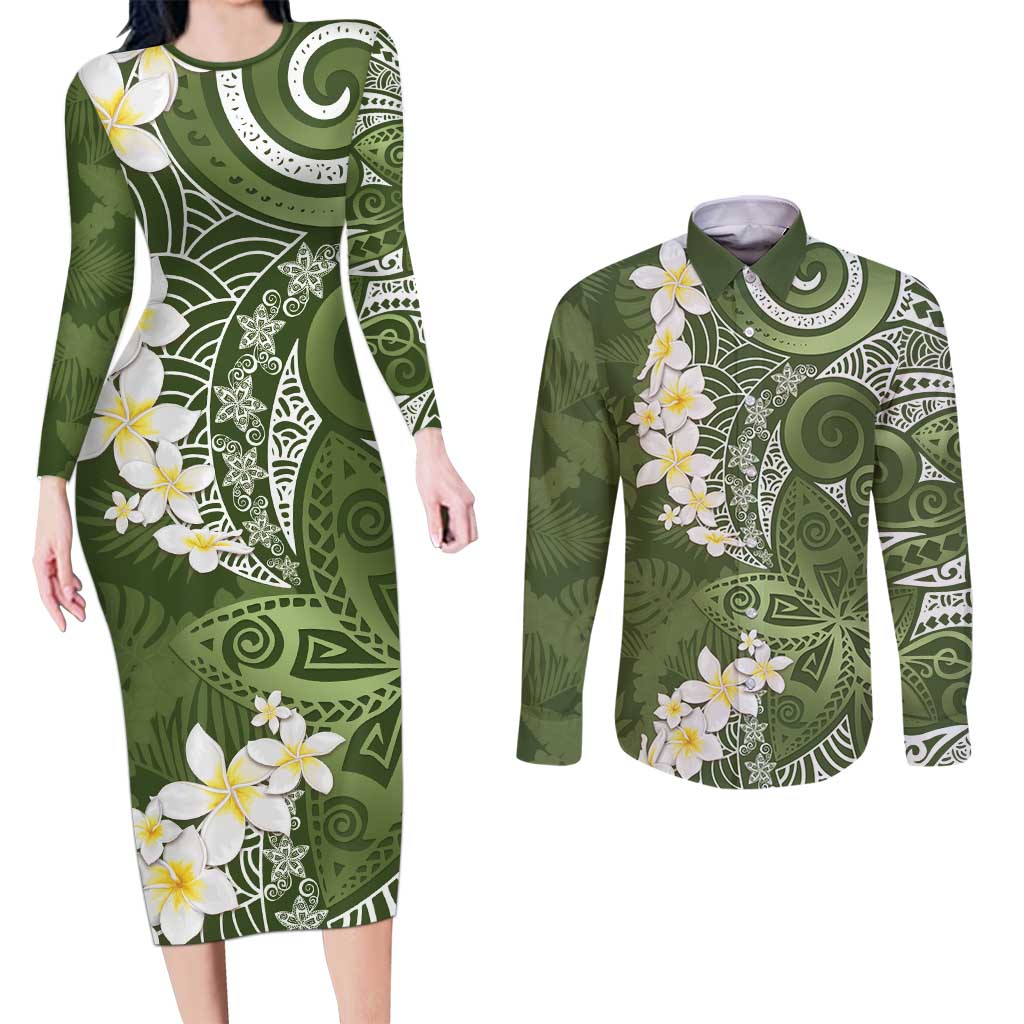 Green Polynesian Tribal Frangipani Tropical Vibe Couples Matching Long Sleeve Bodycon Dress and Long Sleeve Button Shirt