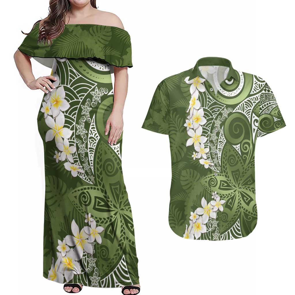 Green Polynesian Tribal Frangipani Tropical Vibe Couples Matching Off Shoulder Maxi Dress and Hawaiian Shirt LT14 Green - Polynesian Pride