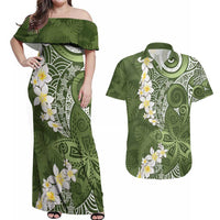Green Polynesian Tribal Frangipani Tropical Vibe Couples Matching Off Shoulder Maxi Dress and Hawaiian Shirt LT14 Green - Polynesian Pride