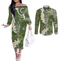 Green Polynesian Tribal Frangipani Tropical Vibe Couples Matching Off The Shoulder Long Sleeve Dress and Long Sleeve Button Shirt LT14 Green - Polynesian Pride