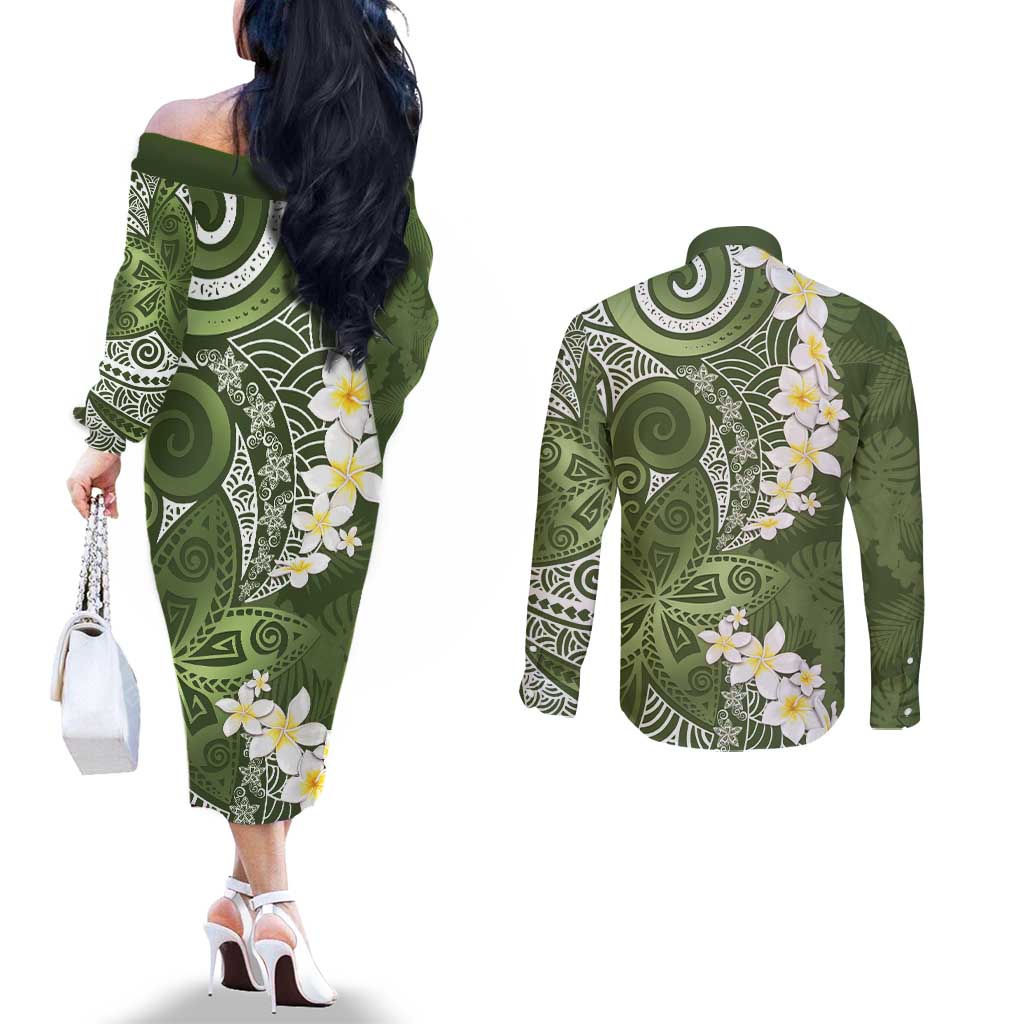 Green Polynesian Tribal Frangipani Tropical Vibe Couples Matching Off The Shoulder Long Sleeve Dress and Long Sleeve Button Shirt LT14 - Polynesian Pride
