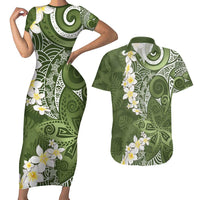 Green Polynesian Tribal Frangipani Tropical Vibe Couples Matching Short Sleeve Bodycon Dress and Hawaiian Shirt LT14 Green - Polynesian Pride