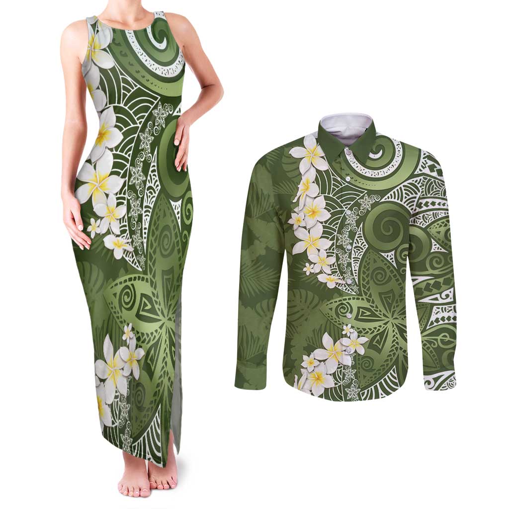 Green Polynesian Tribal Frangipani Tropical Vibe Couples Matching Tank Maxi Dress and Long Sleeve Button Shirt