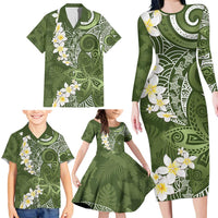 Green Polynesian Tribal Frangipani Tropical Vibe Family Matching Long Sleeve Bodycon Dress and Hawaiian Shirt LT14 - Polynesian Pride