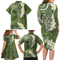Green Polynesian Tribal Frangipani Tropical Vibe Family Matching Long Sleeve Bodycon Dress and Hawaiian Shirt LT14 - Polynesian Pride