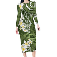 Green Polynesian Tribal Frangipani Tropical Vibe Family Matching Long Sleeve Bodycon Dress and Hawaiian Shirt LT14 Mom's Dress Green - Polynesian Pride