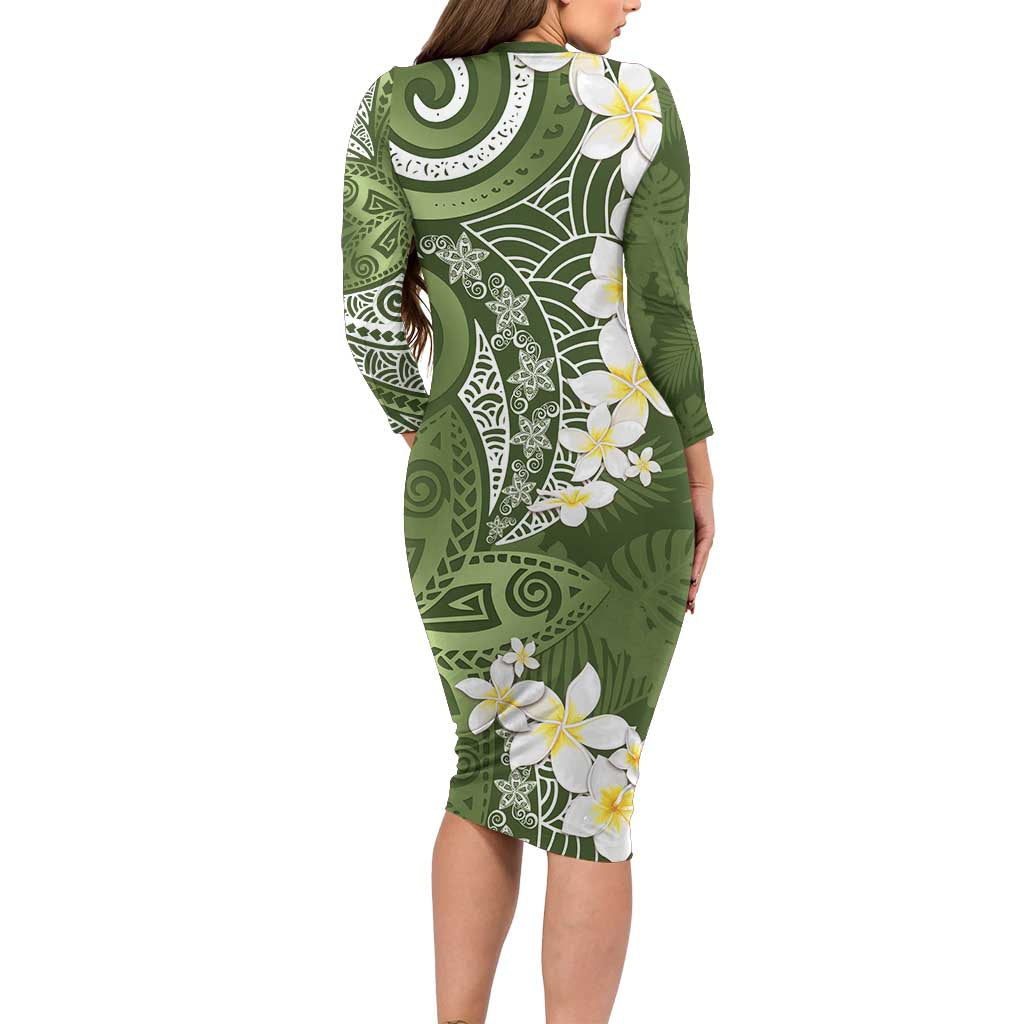 Green Polynesian Tribal Frangipani Tropical Vibe Family Matching Long Sleeve Bodycon Dress and Hawaiian Shirt LT14 - Polynesian Pride