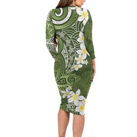 Green Polynesian Tribal Frangipani Tropical Vibe Family Matching Long Sleeve Bodycon Dress and Hawaiian Shirt LT14 - Polynesian Pride