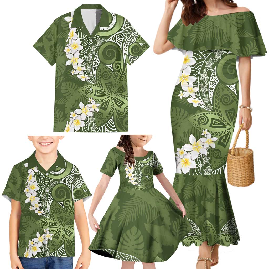 Green Polynesian Tribal Frangipani Tropical Vibe Family Matching Mermaid Dress and Hawaiian Shirt LT14 - Polynesian Pride