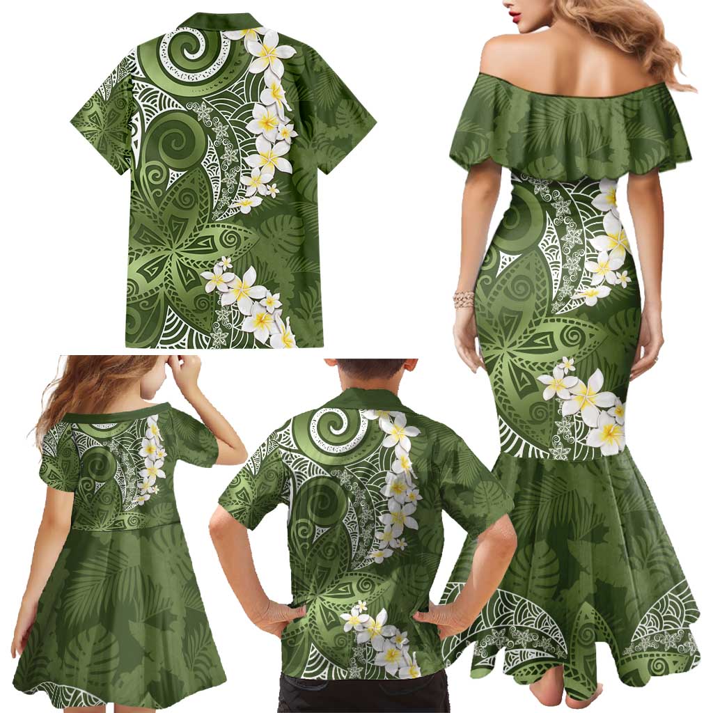 Green Polynesian Tribal Frangipani Tropical Vibe Family Matching Mermaid Dress and Hawaiian Shirt LT14 - Polynesian Pride