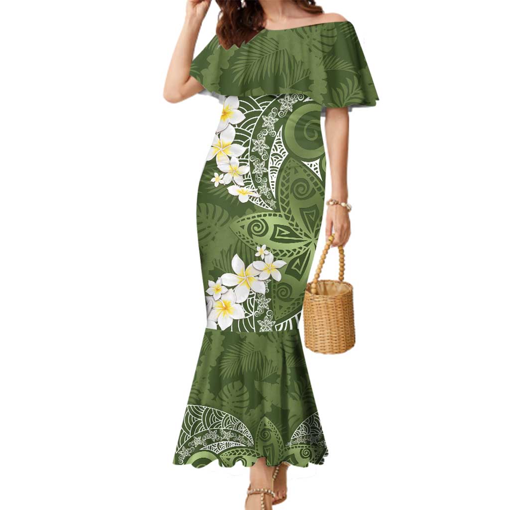 Green Polynesian Tribal Frangipani Tropical Vibe Family Matching Mermaid Dress and Hawaiian Shirt LT14 Mom's Dress Green - Polynesian Pride