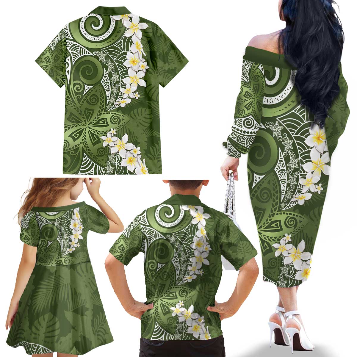 Green Polynesian Tribal Frangipani Tropical Vibe Family Matching Off The Shoulder Long Sleeve Dress and Hawaiian Shirt LT14 - Polynesian Pride