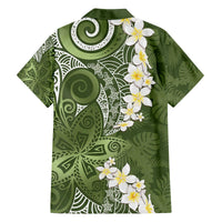 Green Polynesian Tribal Frangipani Tropical Vibe Family Matching Off The Shoulder Long Sleeve Dress and Hawaiian Shirt LT14 - Polynesian Pride