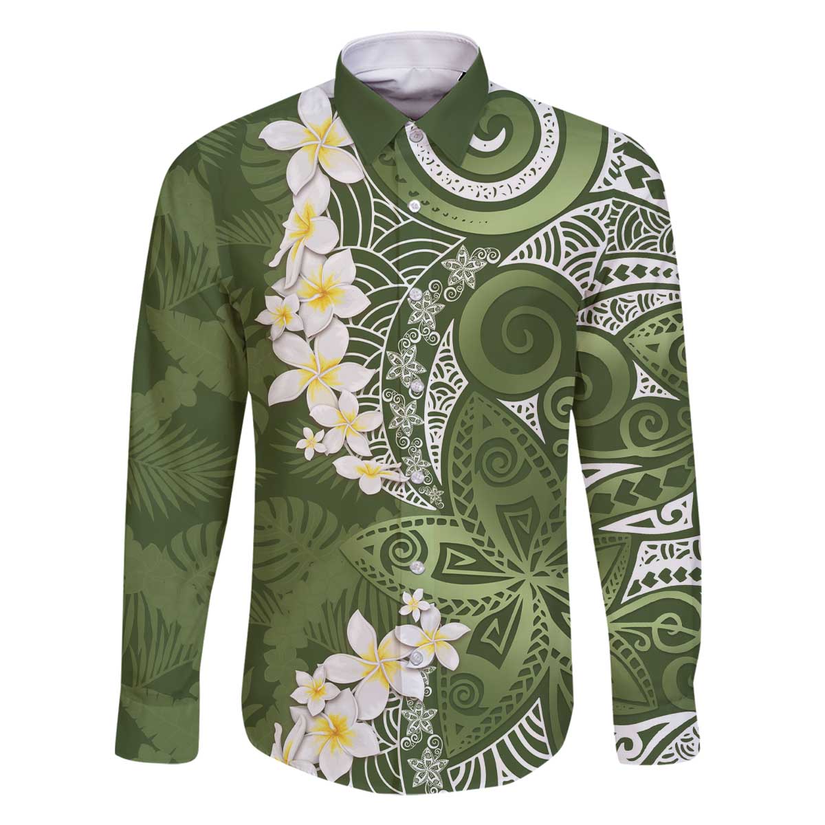 Green Polynesian Tribal Frangipani Tropical Vibe Family Matching Off The Shoulder Long Sleeve Dress and Hawaiian Shirt LT14 Dad's Shirt - Long Sleeve Green - Polynesian Pride