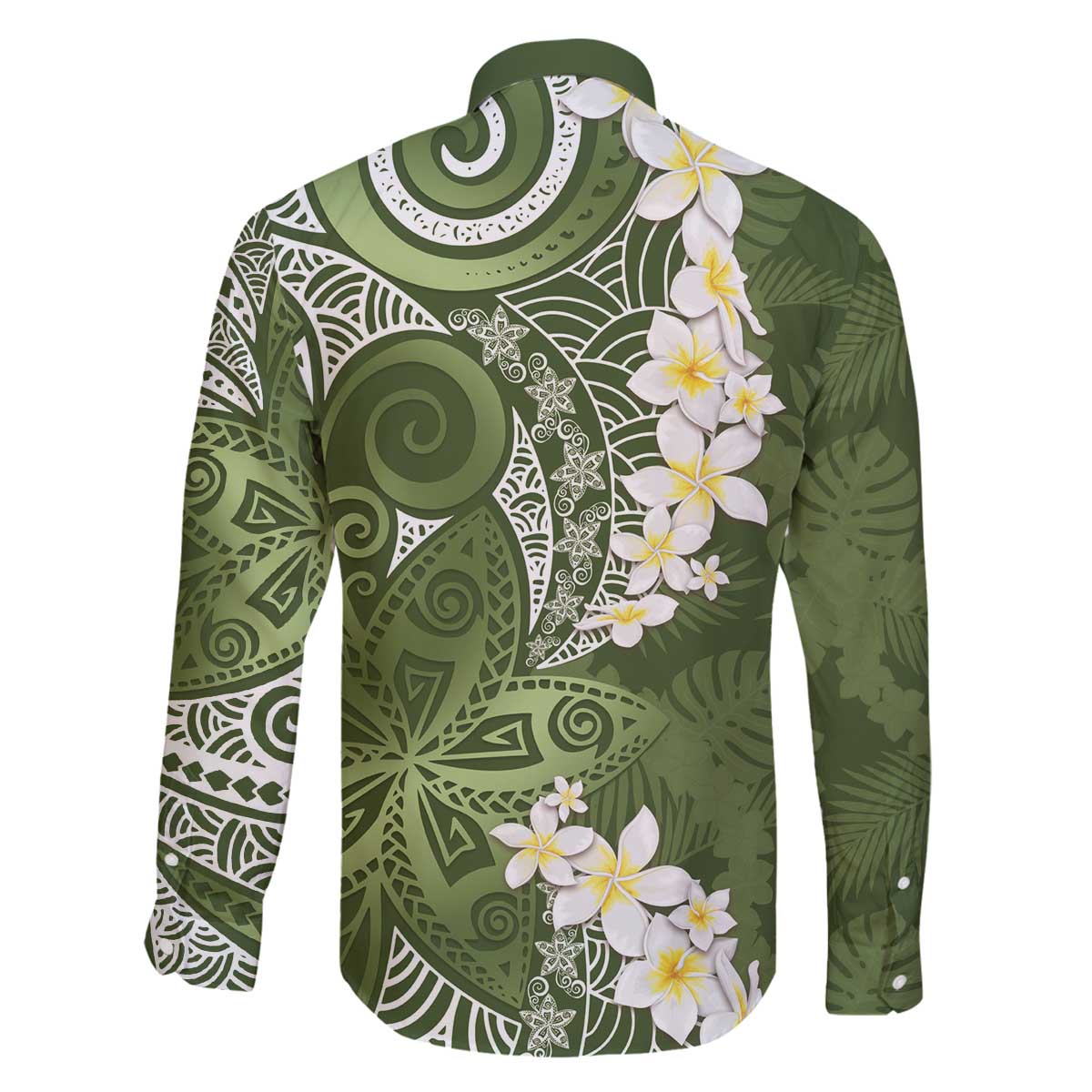 Green Polynesian Tribal Frangipani Tropical Vibe Family Matching Off The Shoulder Long Sleeve Dress and Hawaiian Shirt LT14 - Polynesian Pride
