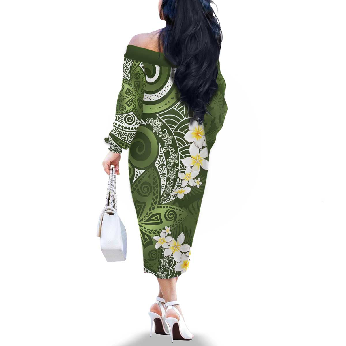 Green Polynesian Tribal Frangipani Tropical Vibe Family Matching Off The Shoulder Long Sleeve Dress and Hawaiian Shirt LT14 - Polynesian Pride