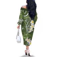 Green Polynesian Tribal Frangipani Tropical Vibe Family Matching Off The Shoulder Long Sleeve Dress and Hawaiian Shirt LT14 - Polynesian Pride