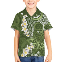 Green Polynesian Tribal Frangipani Tropical Vibe Family Matching Off The Shoulder Long Sleeve Dress and Hawaiian Shirt LT14 Son's Shirt Green - Polynesian Pride