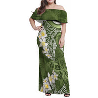 Green Polynesian Tribal Frangipani Tropical Vibe Family Matching Off Shoulder Maxi Dress and Hawaiian Shirt LT14 Mom's Dress Green - Polynesian Pride