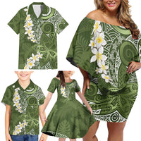 Green Polynesian Tribal Frangipani Tropical Vibe Family Matching Off Shoulder Short Dress and Hawaiian Shirt LT14 - Polynesian Pride