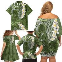 Green Polynesian Tribal Frangipani Tropical Vibe Family Matching Off Shoulder Short Dress and Hawaiian Shirt LT14 - Polynesian Pride