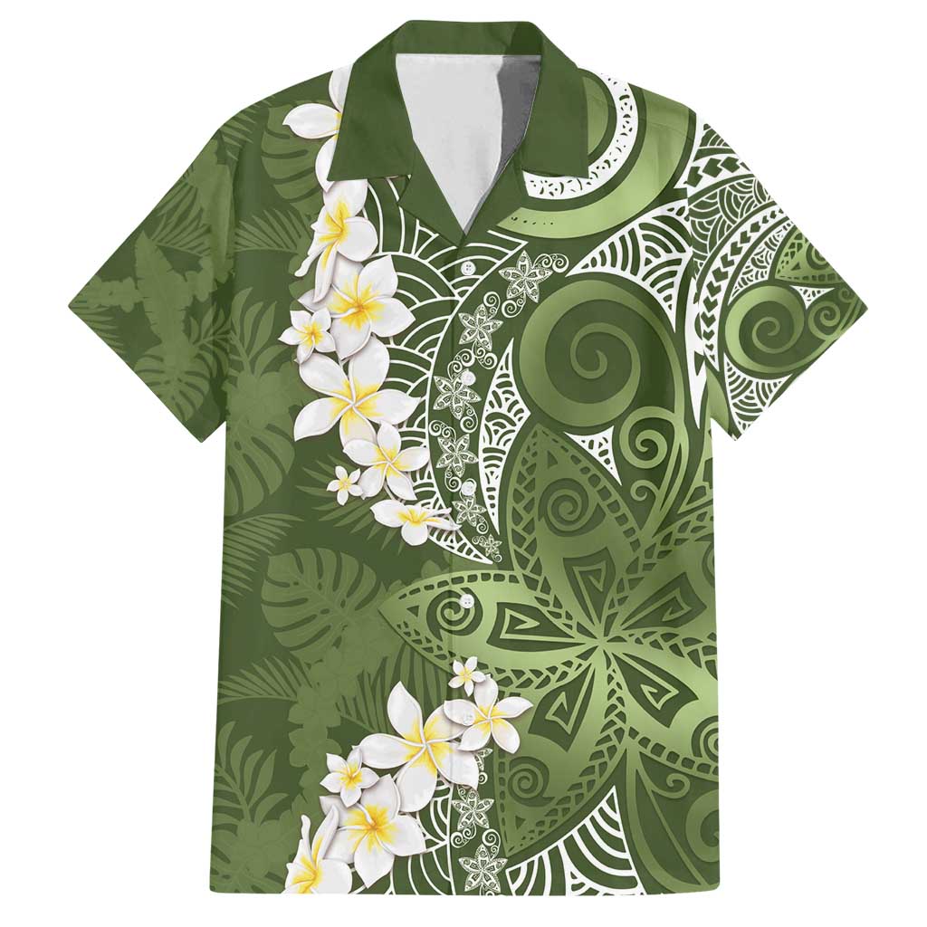 Green Polynesian Tribal Frangipani Tropical Vibe Family Matching Off Shoulder Short Dress and Hawaiian Shirt LT14 Dad's Shirt - Short Sleeve Green - Polynesian Pride