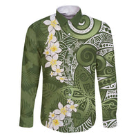 Green Polynesian Tribal Frangipani Tropical Vibe Family Matching Puletasi and Hawaiian Shirt LT14 Dad's Shirt - Long Sleeve Green - Polynesian Pride